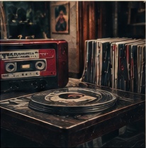 Plak ve kasetçalar bulunan retro müzik köşesi